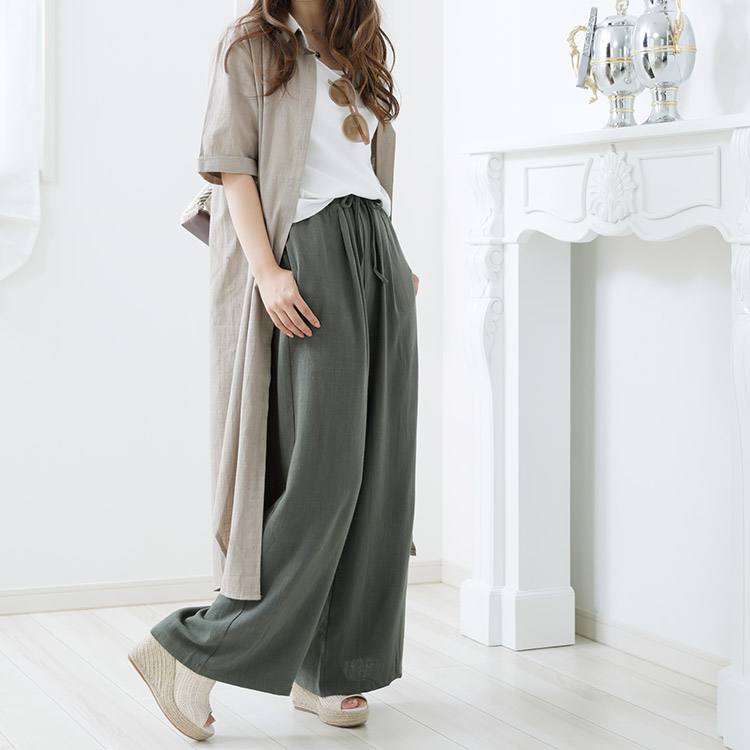 ロングパンツ ゆったり レディース ワイド リネン ベージュ 麻 韓国 送料無料 Dazzle ダズル