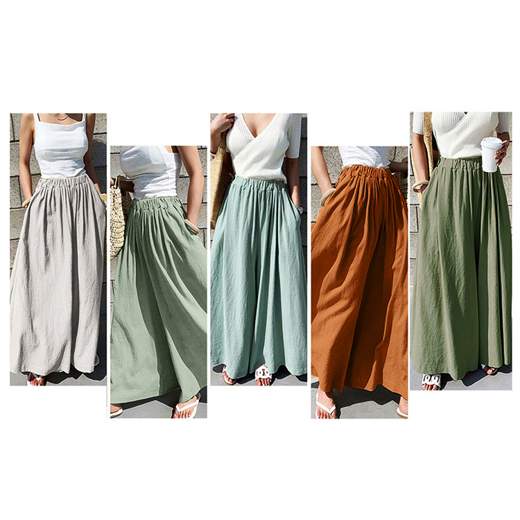 スカーチョ レディース リネン ロングパンツ ワイドパンツ 韓国 送料無料 ジョイフィール joyfeel