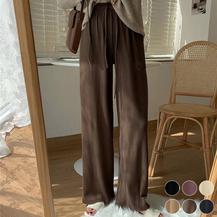 ワイドパンツ ゴム レディース ゆったり ロングパンツ くすみカラー 韓国 送料無料 ジョイフィール joyfeel