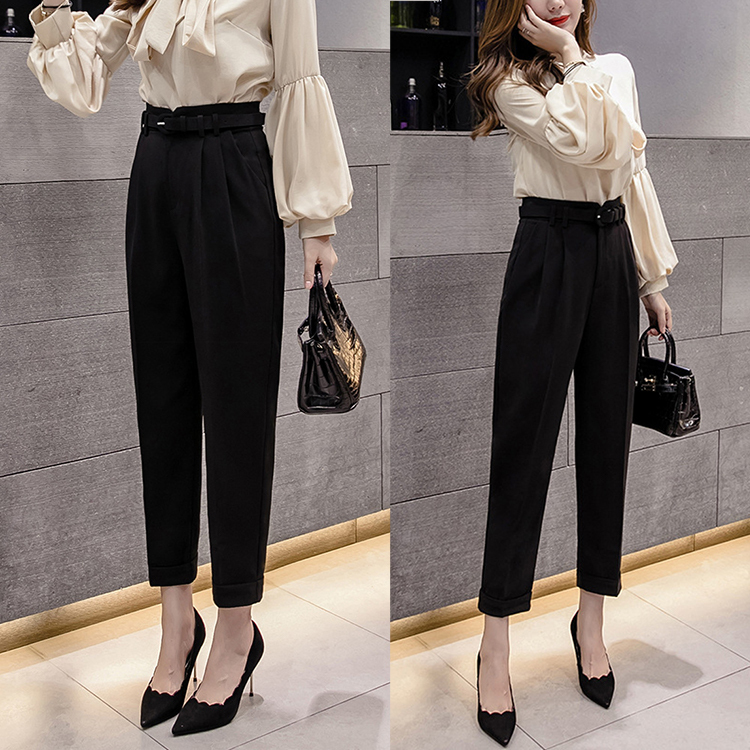 テーパードパンツ レディース ハイウエスト 9分丈 タック ウエストマーク ベルト付 OL オフィス エレガント Dazzle ダズル