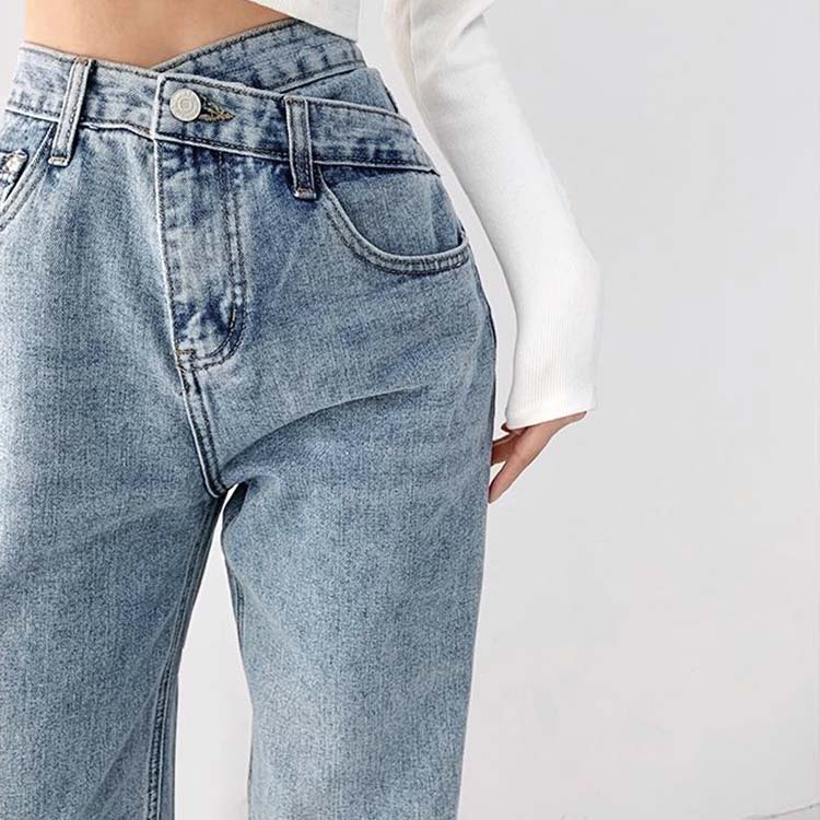 デニム レディース パンツ ストレート ウオッシュ加工 おしゃれ 個性的 アシンメトリー クロスデザイン ロングパンツ ロング セクシー Dazzle ダズル