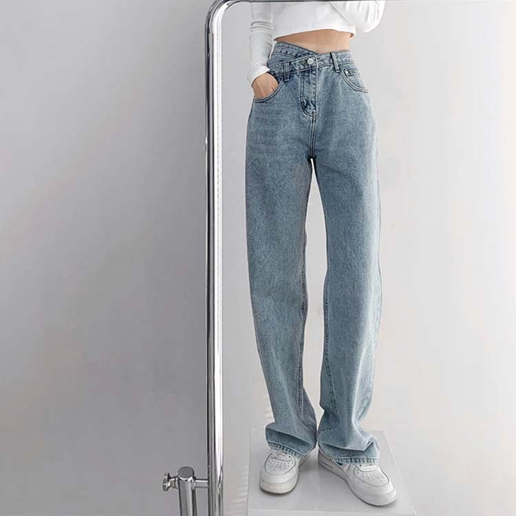 デニム レディース パンツ ストレート ウオッシュ加工 おしゃれ 個性的 アシンメトリー クロスデザイン ロングパンツ ロング セクシー Dazzle ダズル