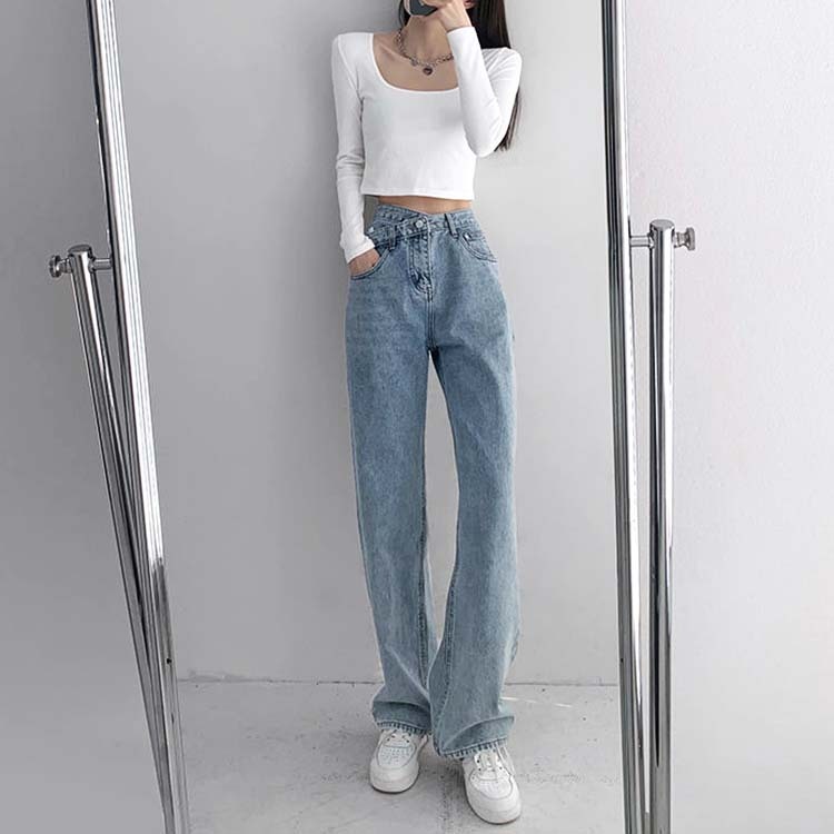 デニム レディース パンツ ストレート ウオッシュ加工 おしゃれ 個性的 アシンメトリー クロスデザイン ロングパンツ ロング セクシー Dazzle ダズル