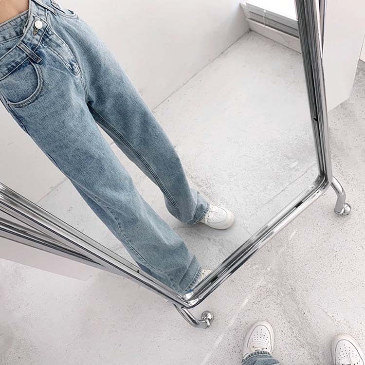 デニム レディース パンツ ストレート ウオッシュ加工 おしゃれ 個性的 アシンメトリー クロスデザイン ロングパンツ ロング セクシー Dazzle ダズル