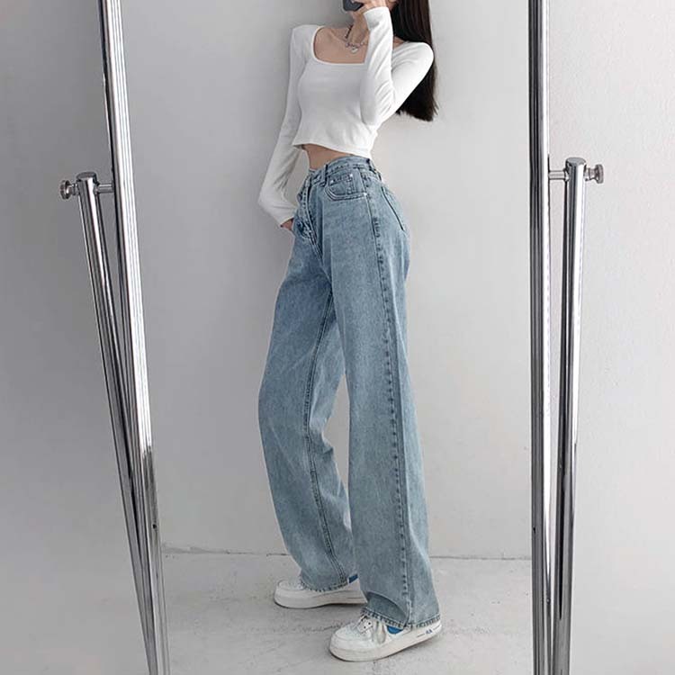 デニム レディース パンツ ストレート ウオッシュ加工 おしゃれ 個性的 アシンメトリー クロスデザイン ロングパンツ ロング セクシー Dazzle ダズル