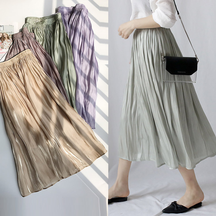 サテン ロングスカート ミモレ丈スカート レディース フレアスカート 韓国 送料無料 Dazzle ダズル