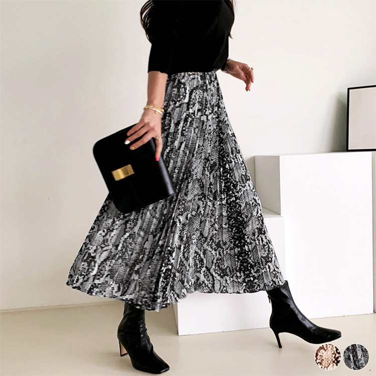 ロングスカート 柄 秋冬 スカート ロング レディース パイソン柄 ひょう柄 プリーツ プリーツスカート Dazzle ダズル