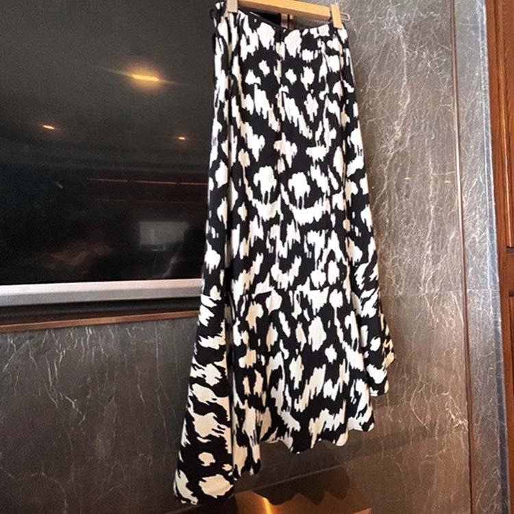 スカートレディース 柄 モノトーン きれいめ 切り替え ギャザー ミモレ丈 エレガント フリル 秋 おしゃれ アシンメトリー  Dazzle ダズル