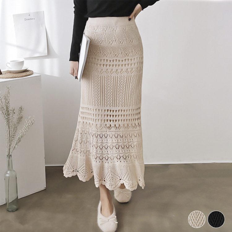 スカート レディース ロング ロングスカート クロシェ 編み シースルー かぎ編み ウエストゴム クロシェスカート マーメイド エレガント おしゃれ 黒 ベージュ Dazzle ダズル