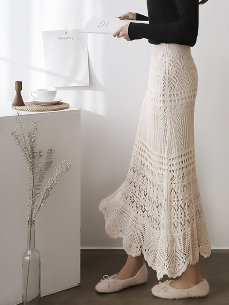 スカート レディース ロング ロングスカート クロシェ 編み シースルー かぎ編み ウエストゴム クロシェスカート マーメイド エレガント おしゃれ 黒 ベージュ Dazzle ダズル