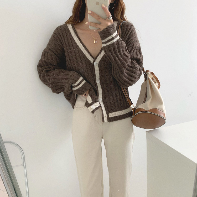 カーディガン バイカラー レディース ゆったり リブ編み 韓国 送料無料 Dazzle ダズル