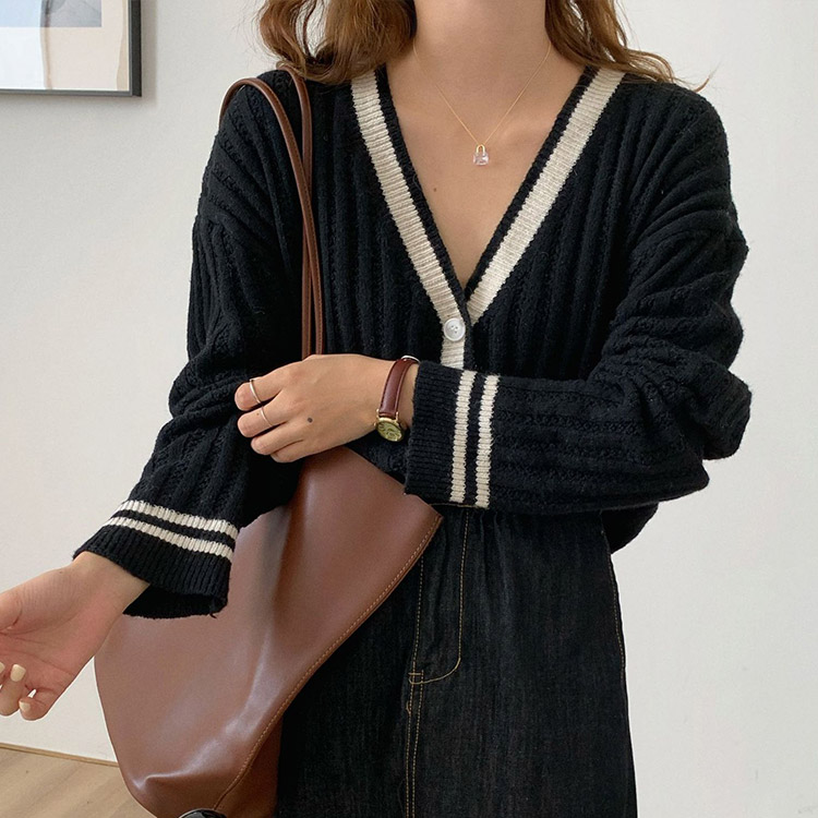 カーディガン バイカラー レディース ゆったり リブ編み 韓国 送料無料 Dazzle ダズル