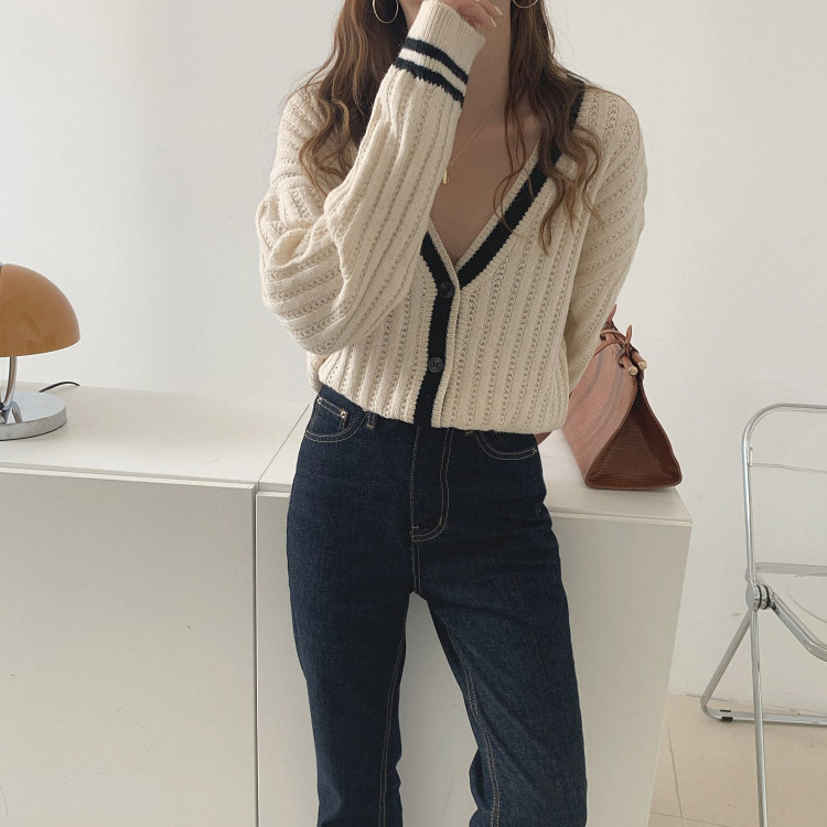 カーディガン バイカラー レディース ゆったり リブ編み 韓国 送料無料 Dazzle ダズル