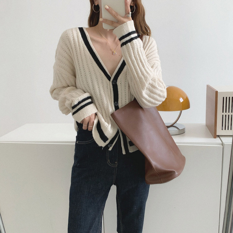 カーディガン バイカラー レディース ゆったり リブ編み 韓国 送料無料 Dazzle ダズル