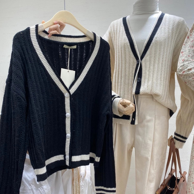 カーディガン バイカラー レディース ゆったり リブ編み 韓国 送料無料 Dazzle ダズル