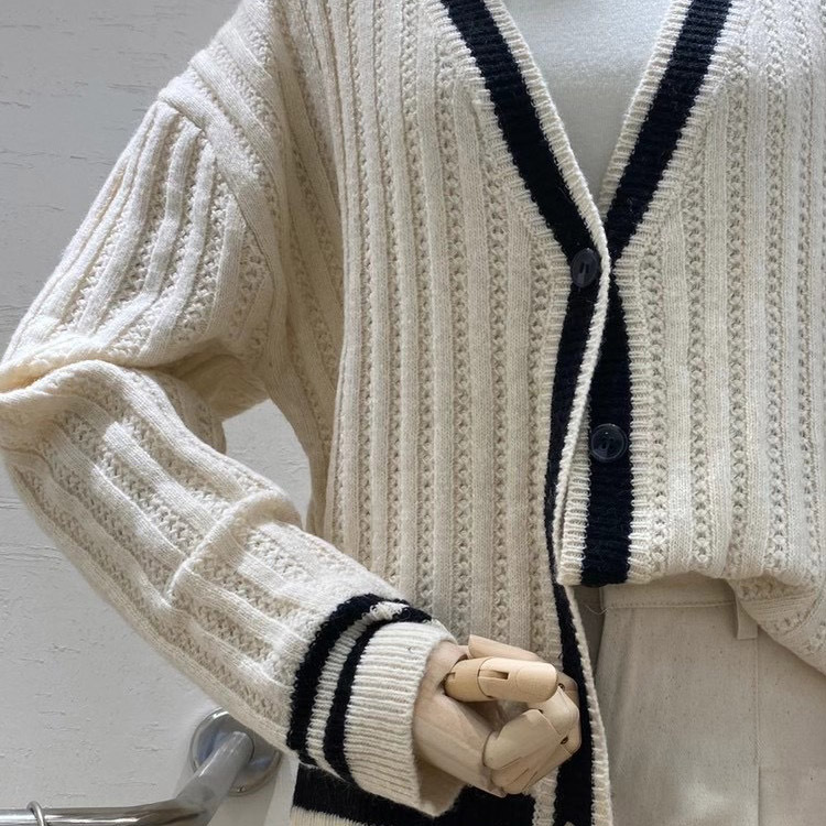 カーディガン バイカラー レディース ゆったり リブ編み 韓国 送料無料 Dazzle ダズル