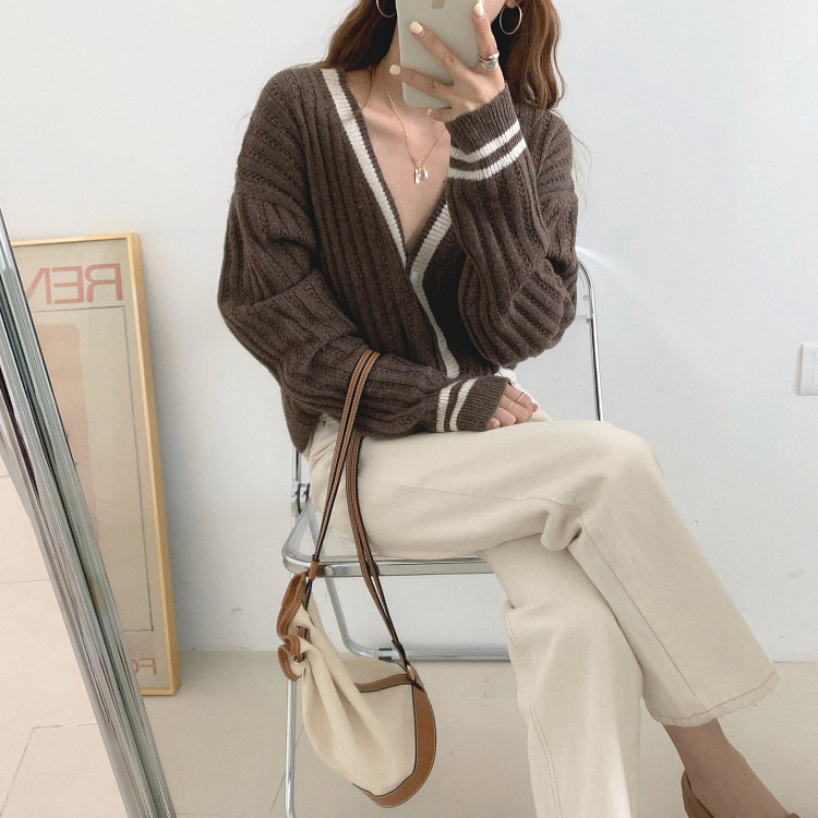 カーディガン バイカラー レディース ゆったり リブ編み 韓国 送料無料 Dazzle ダズル