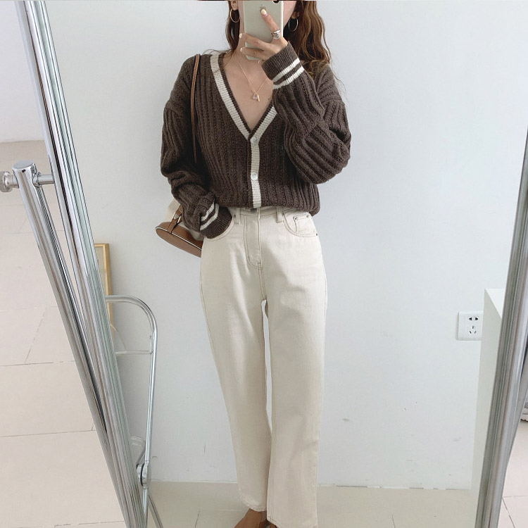 カーディガン バイカラー レディース ゆったり リブ編み 韓国 送料無料 Dazzle ダズル