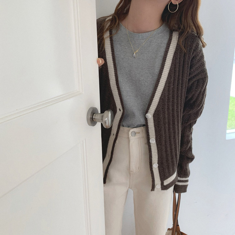 カーディガン バイカラー レディース ゆったり リブ編み 韓国 送料無料 Dazzle ダズル