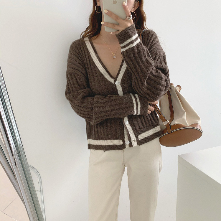 カーディガン バイカラー レディース ゆったり リブ編み 韓国 送料無料 Dazzle ダズル