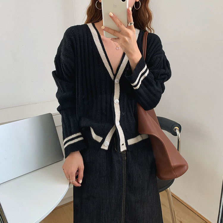 カーディガン バイカラー レディース ゆったり リブ編み 韓国 送料無料 Dazzle ダズル