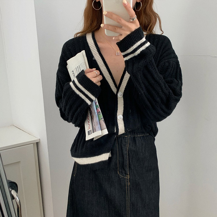 カーディガン バイカラー レディース ゆったり リブ編み 韓国 送料無料 Dazzle ダズル