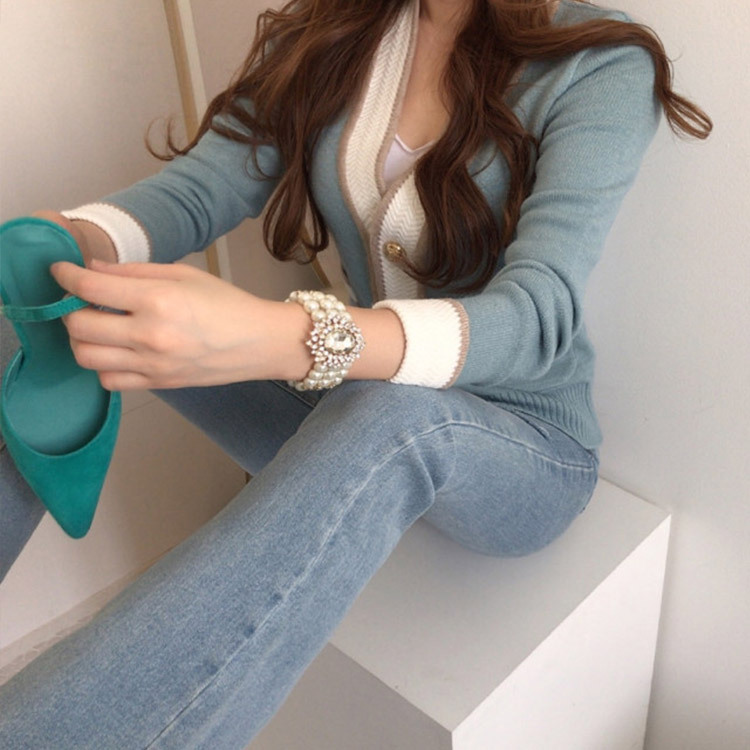 カーディガン レディース 長袖 バイカラー ライン エレガント きれい色 韓国 Dazzle ダズル