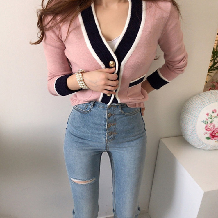 カーディガン レディース 長袖 バイカラー ライン エレガント きれい色 韓国 Dazzle ダズル