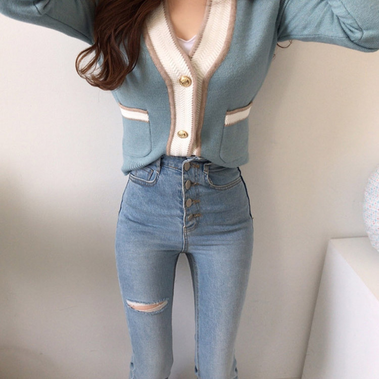 カーディガン レディース 長袖 バイカラー ライン エレガント きれい色 韓国 Dazzle ダズル