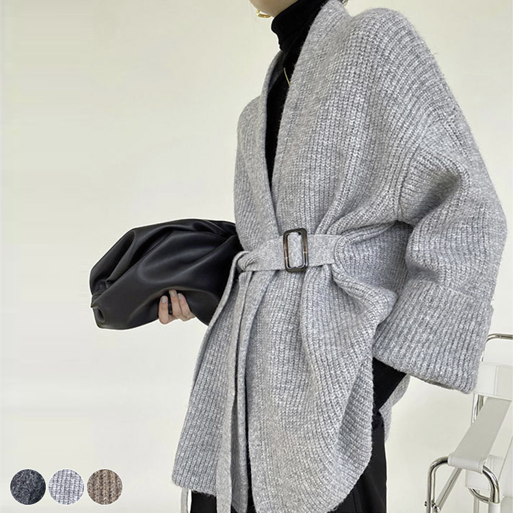 カーディガンレディース ニット ざっくり編み ニットカーディガン 厚め アウター セミロング丈 ゆったり ベルト付き Dazzle ダズル