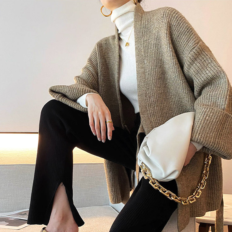 カーディガンレディース ニット ざっくり編み ニットカーディガン 厚め アウター セミロング丈 ゆったり ベルト付き Dazzle ダズル