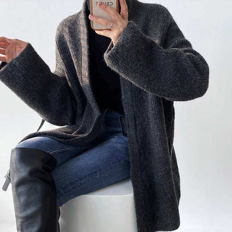 カーディガンレディース ニット ざっくり編み ニットカーディガン 厚め アウター セミロング丈 ゆったり ベルト付き Dazzle ダズル