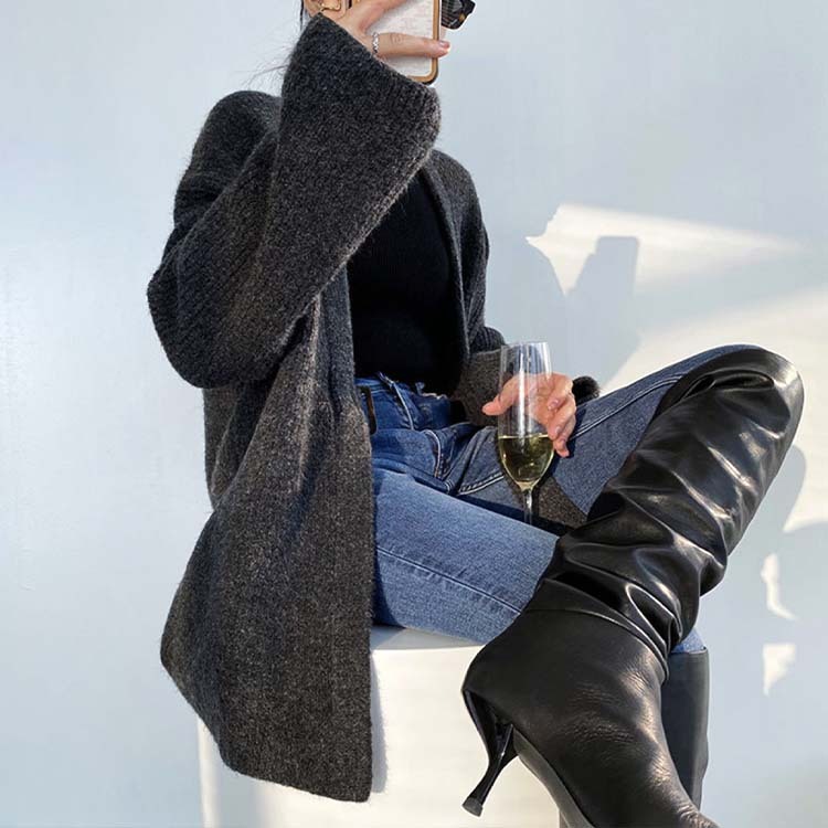 カーディガンレディース ニット ざっくり編み ニットカーディガン 厚め アウター セミロング丈 ゆったり ベルト付き Dazzle ダズル