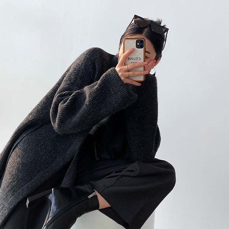 カーディガンレディース ニット ざっくり編み ニットカーディガン 厚め アウター セミロング丈 ゆったり ベルト付き Dazzle ダズル