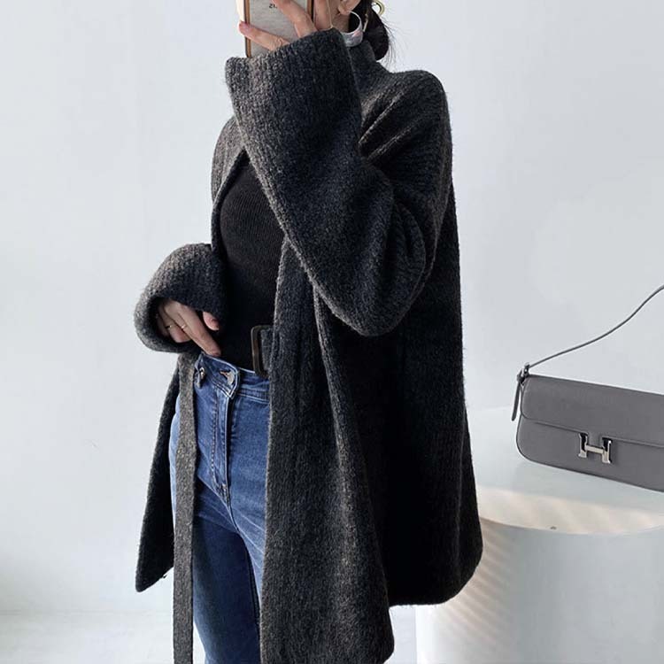 カーディガンレディース ニット ざっくり編み ニットカーディガン 厚め アウター セミロング丈 ゆったり ベルト付き Dazzle ダズル