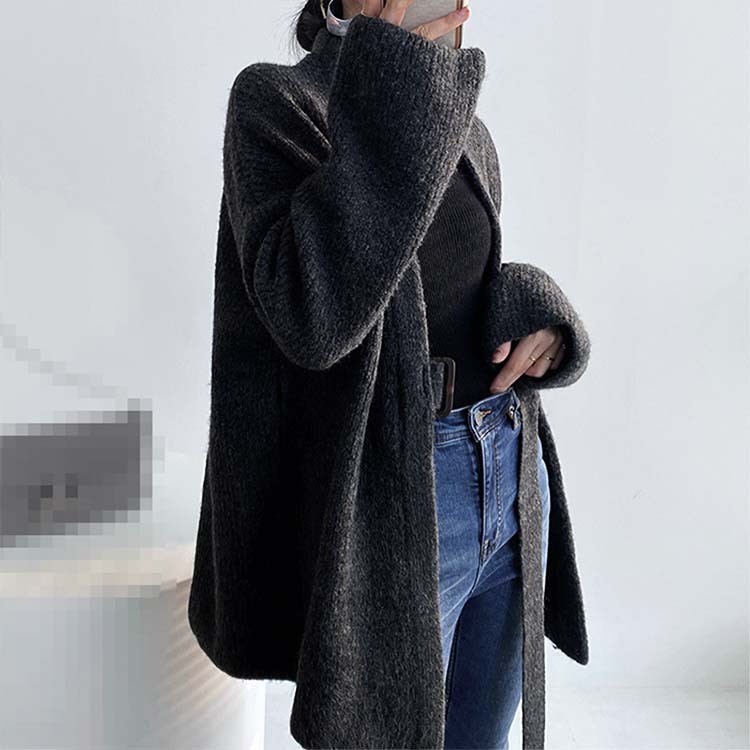 カーディガンレディース ニット ざっくり編み ニットカーディガン 厚め アウター セミロング丈 ゆったり ベルト付き Dazzle ダズル