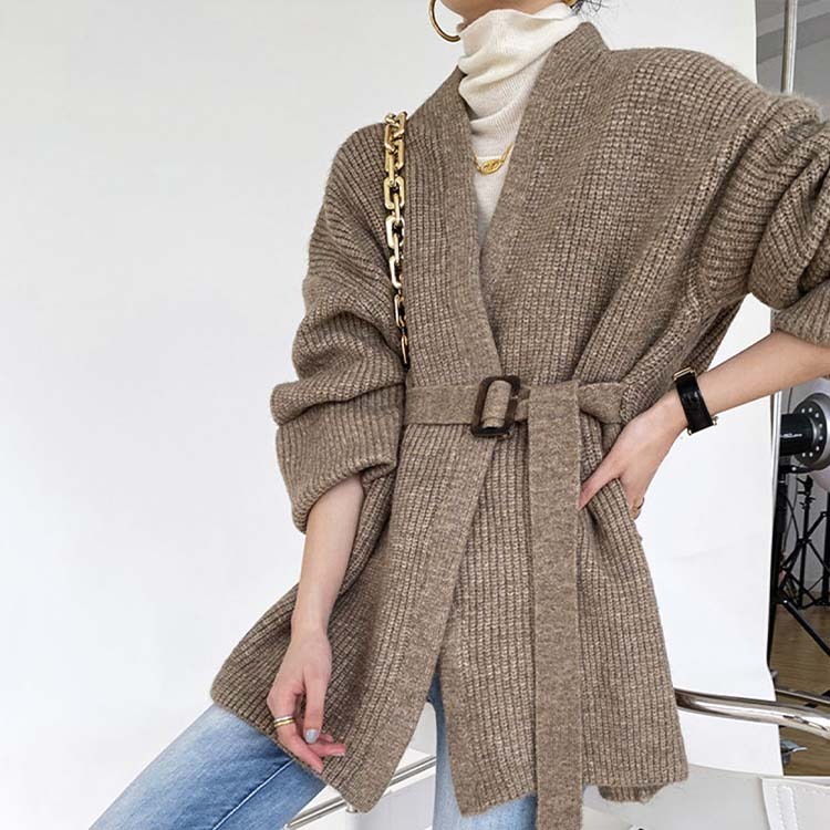 カーディガンレディース ニット ざっくり編み ニットカーディガン 厚め アウター セミロング丈 ゆったり ベルト付き Dazzle ダズル