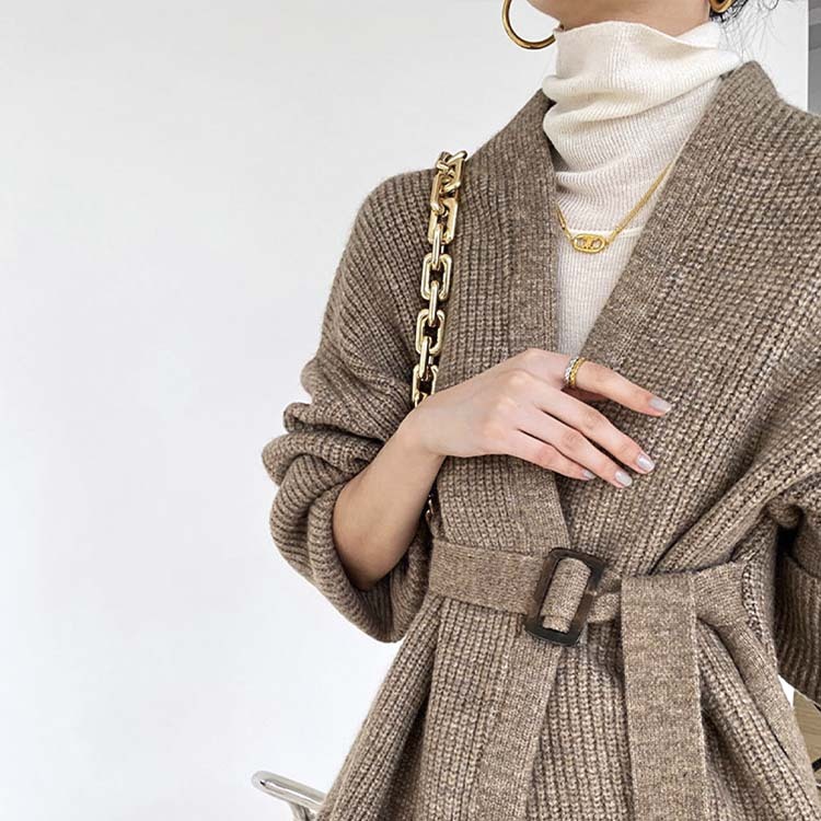 カーディガンレディース ニット ざっくり編み ニットカーディガン 厚め アウター セミロング丈 ゆったり ベルト付き Dazzle ダズル