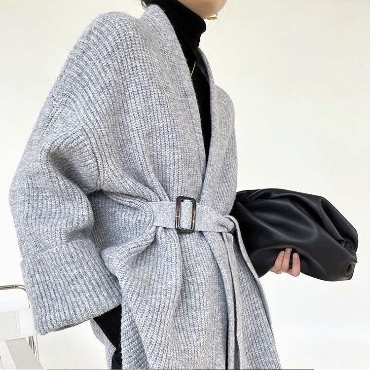 カーディガンレディース ニット ざっくり編み ニットカーディガン 厚め アウター セミロング丈 ゆったり ベルト付き Dazzle ダズル