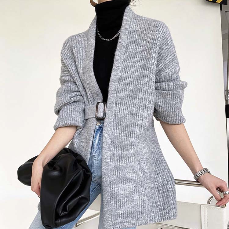 カーディガンレディース ニット ざっくり編み ニットカーディガン 厚め アウター セミロング丈 ゆったり ベルト付き Dazzle ダズル