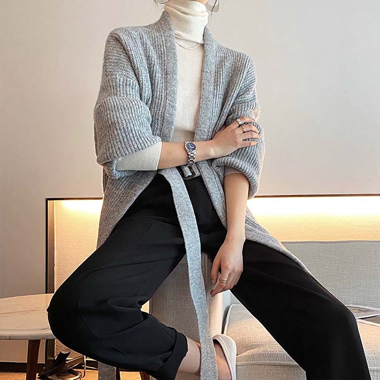 カーディガンレディース ニット ざっくり編み ニットカーディガン 厚め アウター セミロング丈 ゆったり ベルト付き Dazzle ダズル