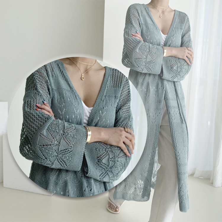 ロングカーディガン レディース クロシェ カーディガン 透かし彫り レース編み 薄手 エレガント きれいめ 春 夏 秋 ロング丈カーディガン おしゃれ  ジョイフィール joyfeel