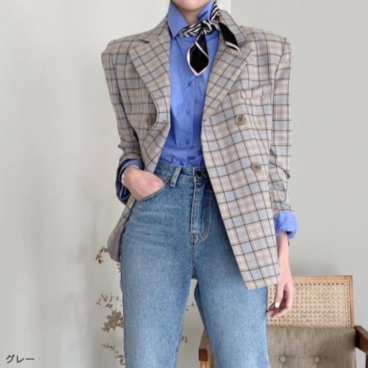 ジャケット チェックジャケット レディース ダブル レトロ 韓国 Dazzle ダズル