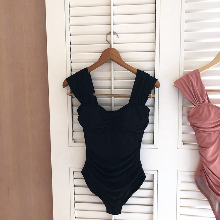 水着 レディース ワンピース 体系カバー 幅広 肩紐 ギャザー ブラック ピンク 黒 かわいい シンプル 露出低め ジョイフィール joyfeel