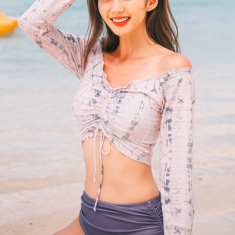 水着 レディース ビキニ 長袖 フリル オフショルダー ギャザー ハイウエスト 柄 体系カバー ジョイフィール joyfeel