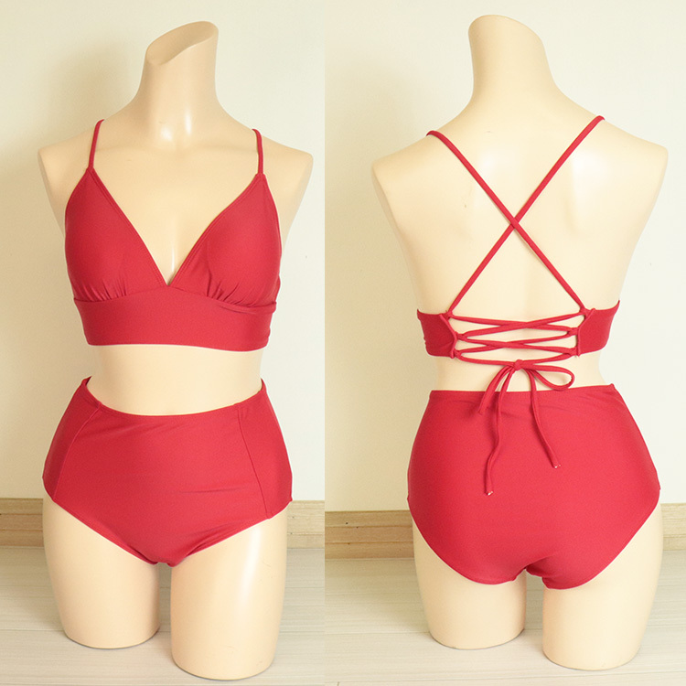 水着 レディース ビキニ レースアップ ハイウエスト 体系カバー セクシー おしゃれ 無地 クロス 黒  イエロー ワインレッド 白 ブラウン 体系カバー  Dazzle ダズル