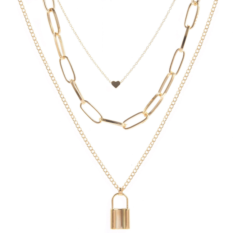 ネックレス レディース チェーン 南京錠 鍵 ハート レトロ ゴージャス ゴールド シルバー ロングネックレス アクセサリー チェーンネックレス 3連 重ね付け  Dazzle ダズル