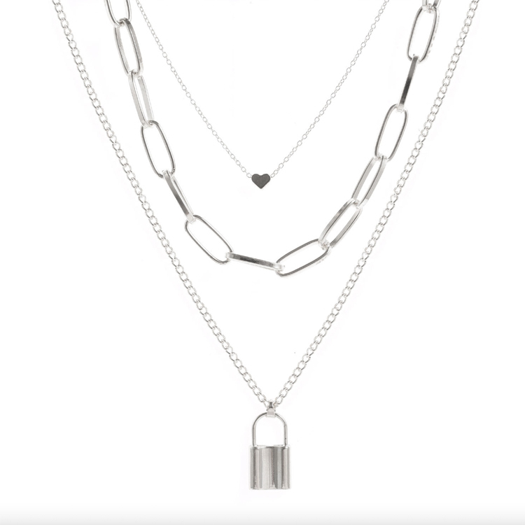 ネックレス レディース チェーン 南京錠 鍵 ハート レトロ ゴージャス ゴールド シルバー ロングネックレス アクセサリー チェーンネックレス 3連 重ね付け  Dazzle ダズル