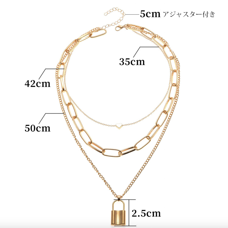 ネックレス レディース チェーン 南京錠 鍵 ハート レトロ ゴージャス ゴールド シルバー ロングネックレス アクセサリー チェーンネックレス 3連 重ね付け  Dazzle ダズル