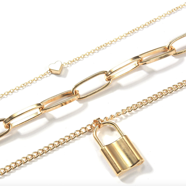 ネックレス レディース チェーン 南京錠 鍵 ハート レトロ ゴージャス ゴールド シルバー ロングネックレス アクセサリー チェーンネックレス 3連 重ね付け  Dazzle ダズル
